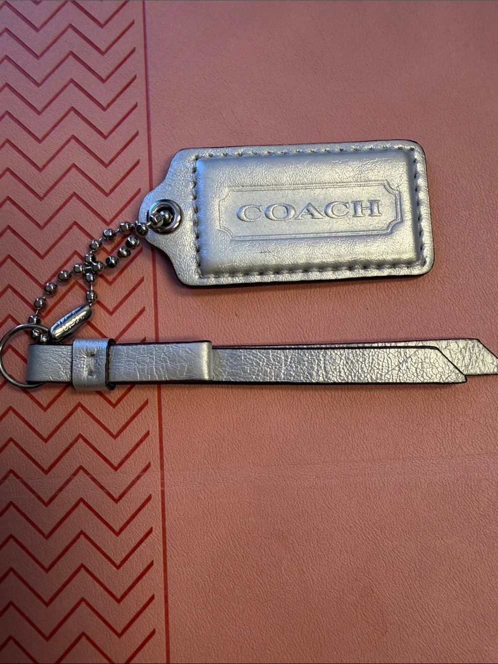 Coach Metallic Silver Leather Tag Key Fob
